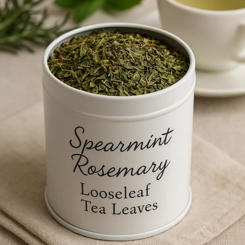 A white tin labeled "Spearmint Rosemary Looseleaf Tea Leaves" filled with green loose tea leaves, with a cup and saucer in the background.