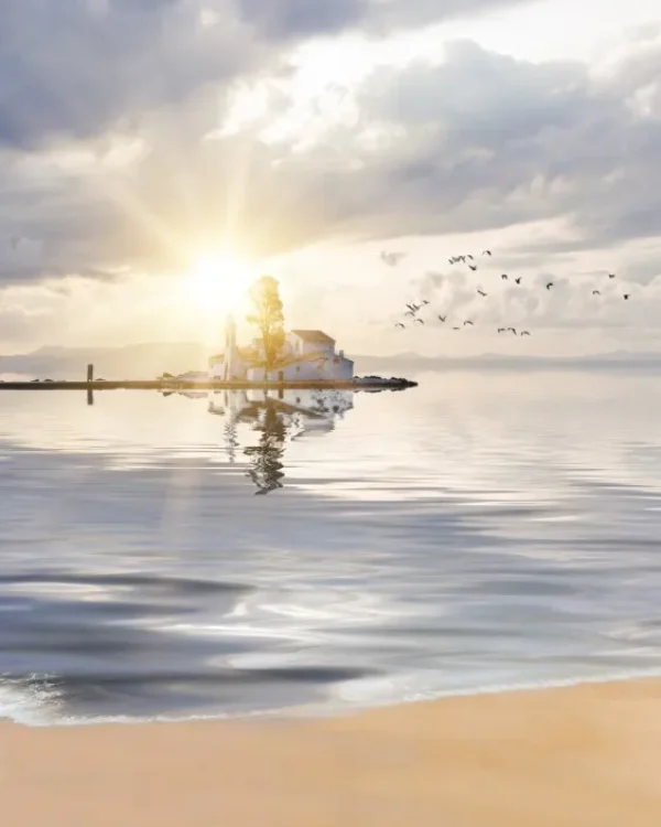 A serene sunrise over a tranquil sea with a house on a small island and birds in flight.