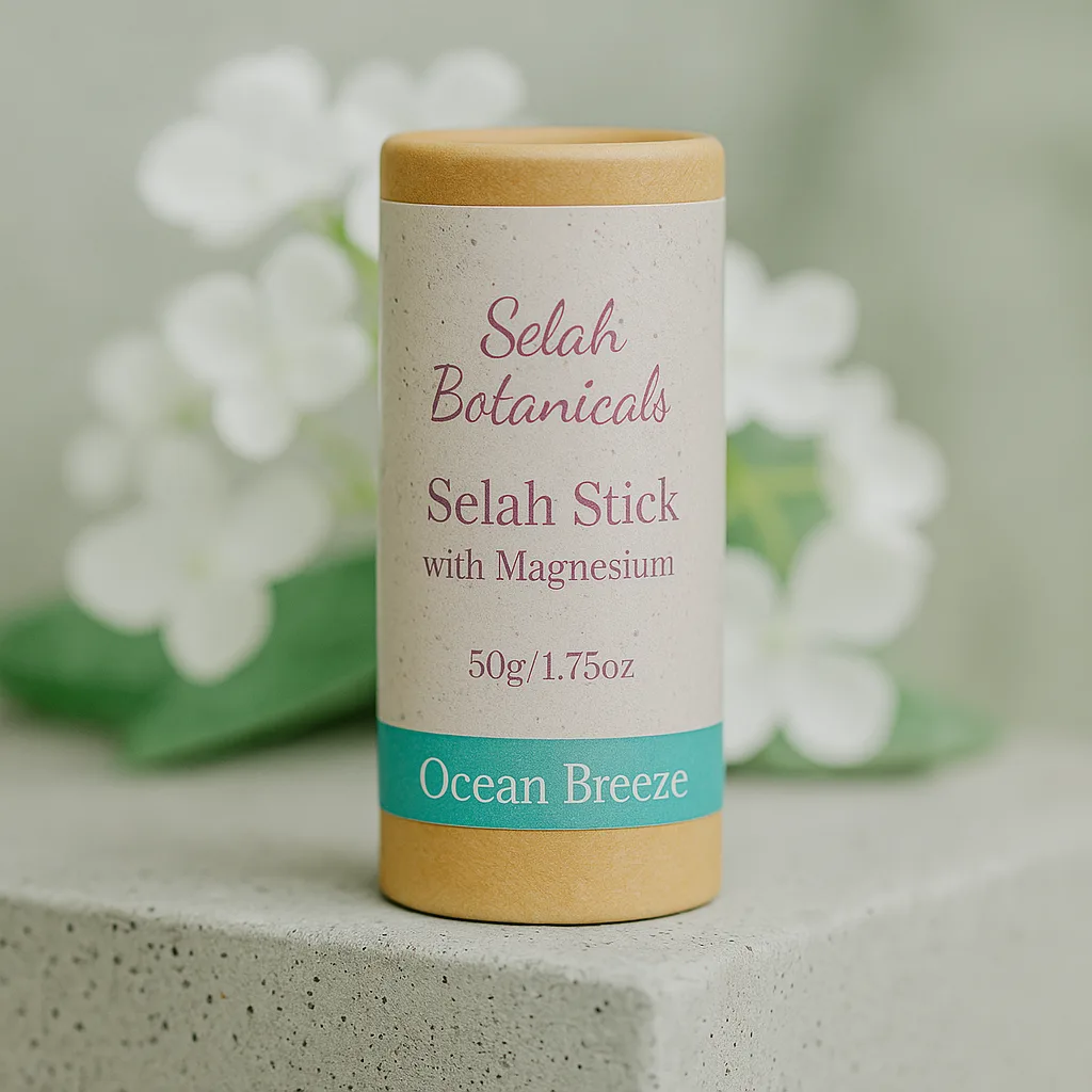 A Selah Botanicals Selah Stick with Magnesium, Ocean Breeze scent, 50g/1.75oz, is displayed on a stone surface with white flowers in the background.
