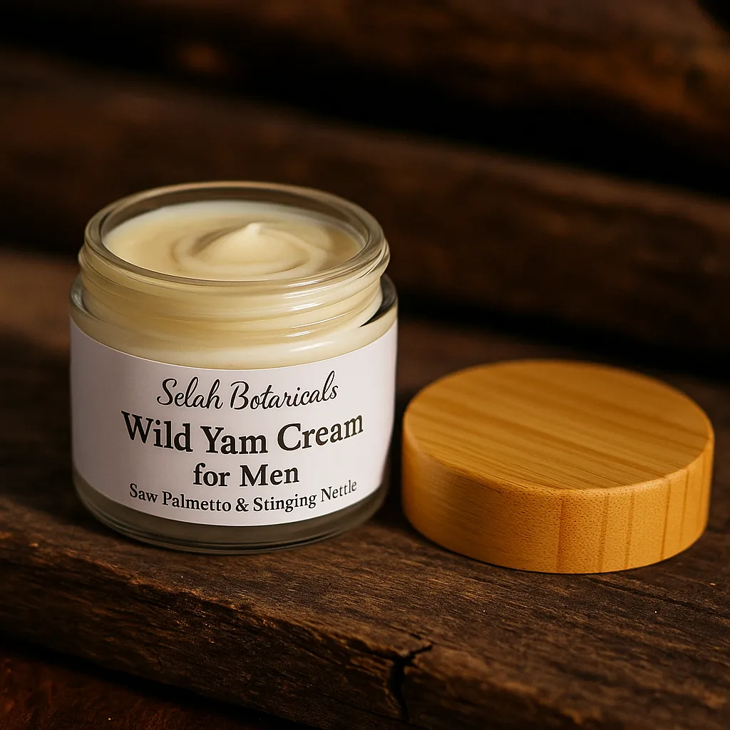 A jar of Selah Botanicals Wild Yam Cream for Men with saw palmetto and stinging nettle, shown open next to its wooden lid on a wooden surface.