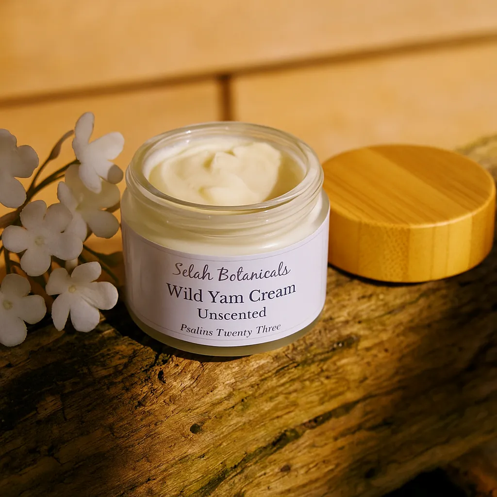 An open jar of Selah Botanicals Wild Yam Cream sits on a wooden surface next to white flowers, with a bamboo lid placed beside it.